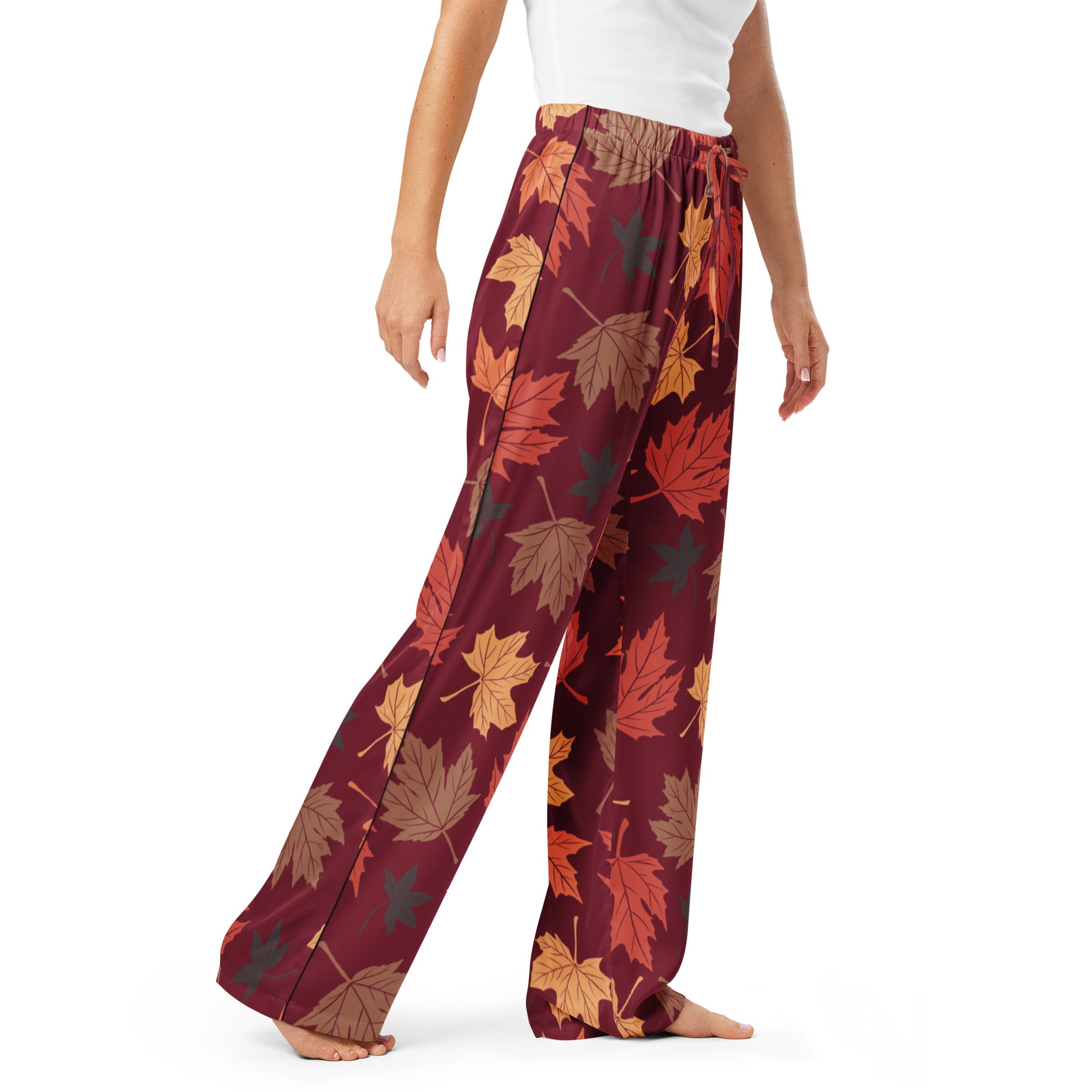 Women’s autumn leaves pajama pants maroon wide-leg lightweight relaxed fit with vibrant orange brown green leaf pattern