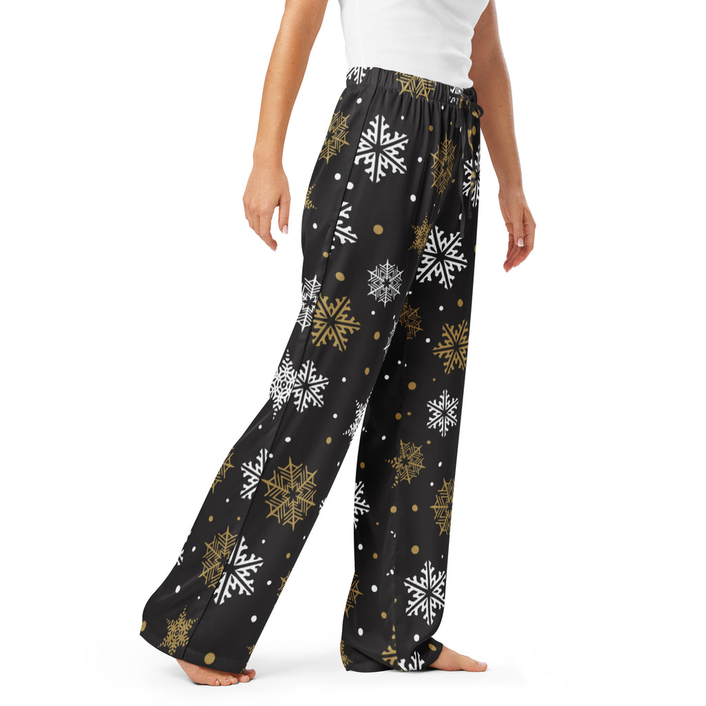 Women’s black pajama pants with white and gold snowflake pattern lightweight relaxed fit with drawstring waist