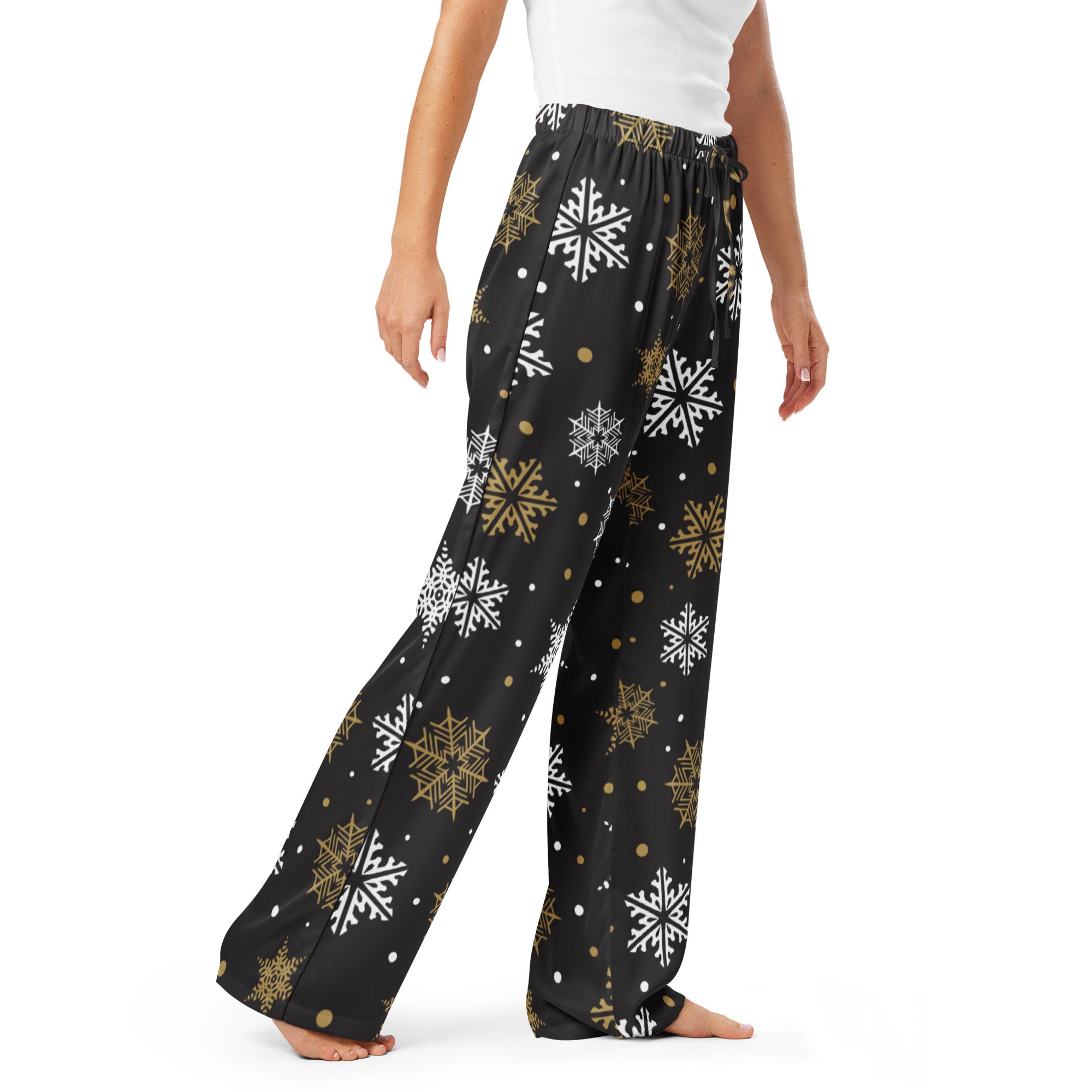 Women’s black pajama pants with white and gold snowflake pattern lightweight relaxed fit with drawstring waist