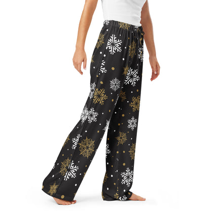 Women’s Black & Gold Snowflake Pajama Pants – Lightweight Relaxed Fit with Drawstring Waist