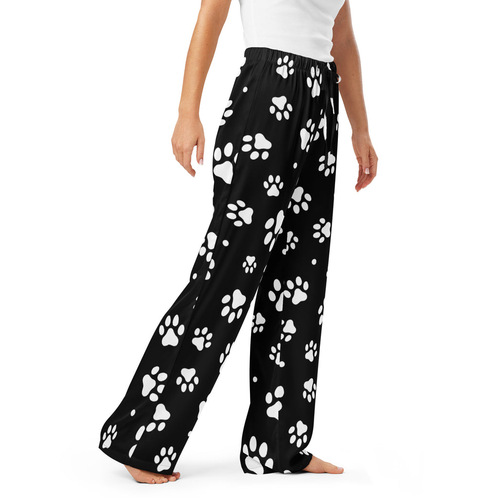 Women’s black wide-leg pajama pants with white paw print pattern lightweight relaxed fit and drawstring waist