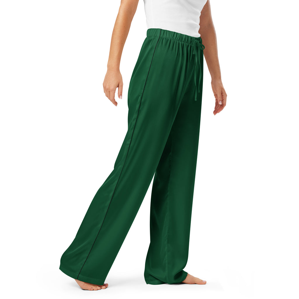 Women’s dark green wide-leg lightweight pajama pants with elastic waistband and drawstring for relaxed fit comfort