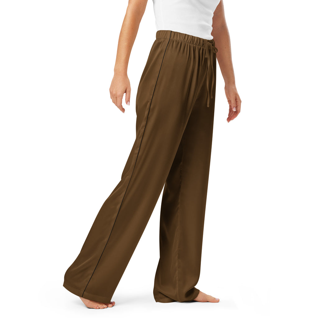 Women’s brown satin pajama pants with elastic waistband and drawstring for lightweight relaxed fit comfort