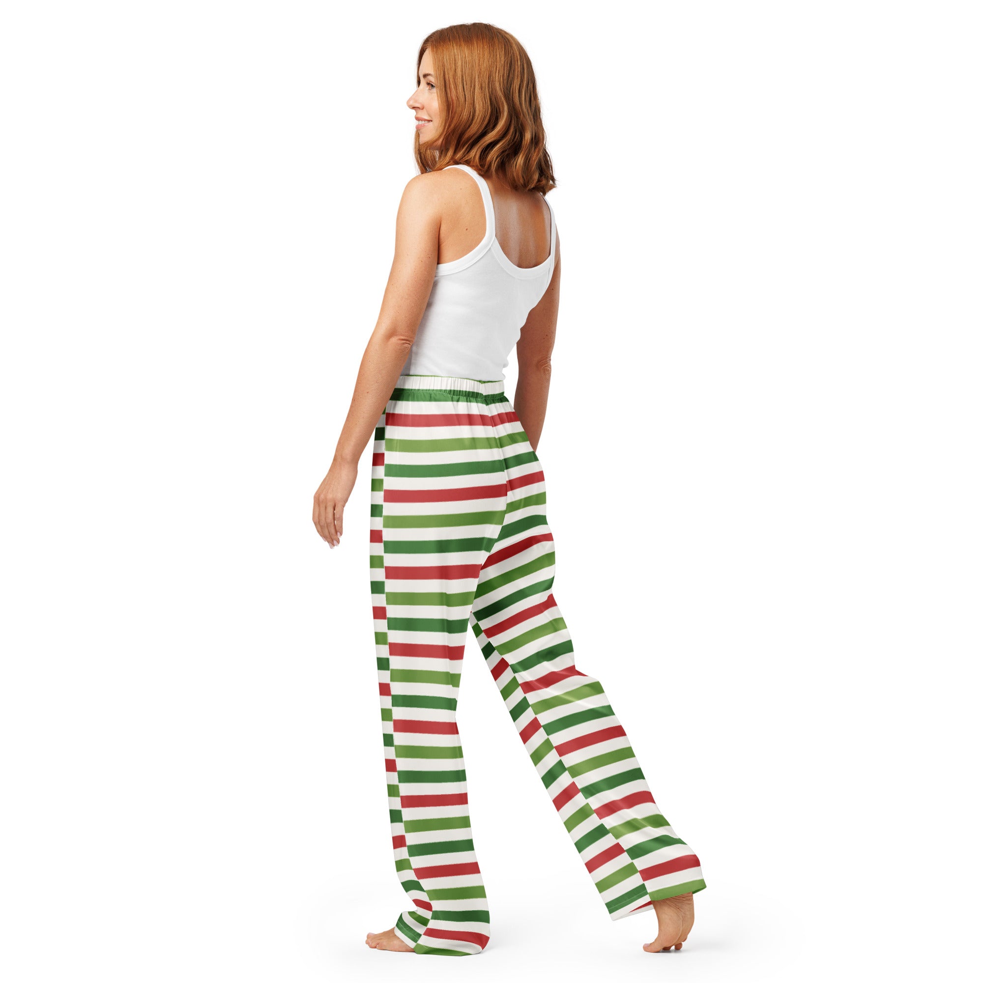 Women’s lightweight relaxed fit christmas stripe pajama pants with red and green stripes and white elastic waistband