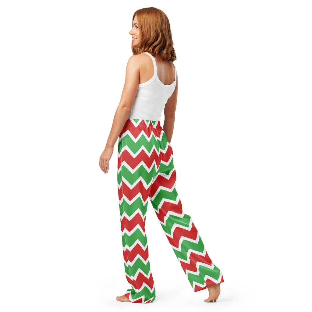 Women’s lightweight relaxed fit Christmas chevron pajama pants in red and green with white trim and drawstring waist