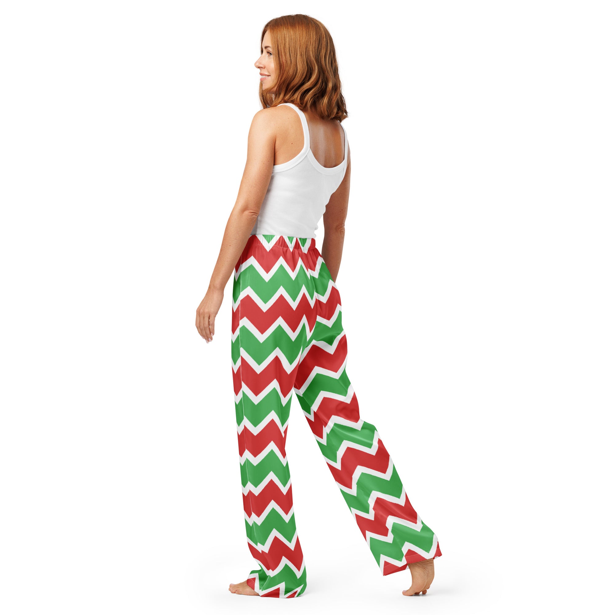 Women’s lightweight relaxed fit Christmas chevron pajama pants in red and green with white trim and drawstring waist