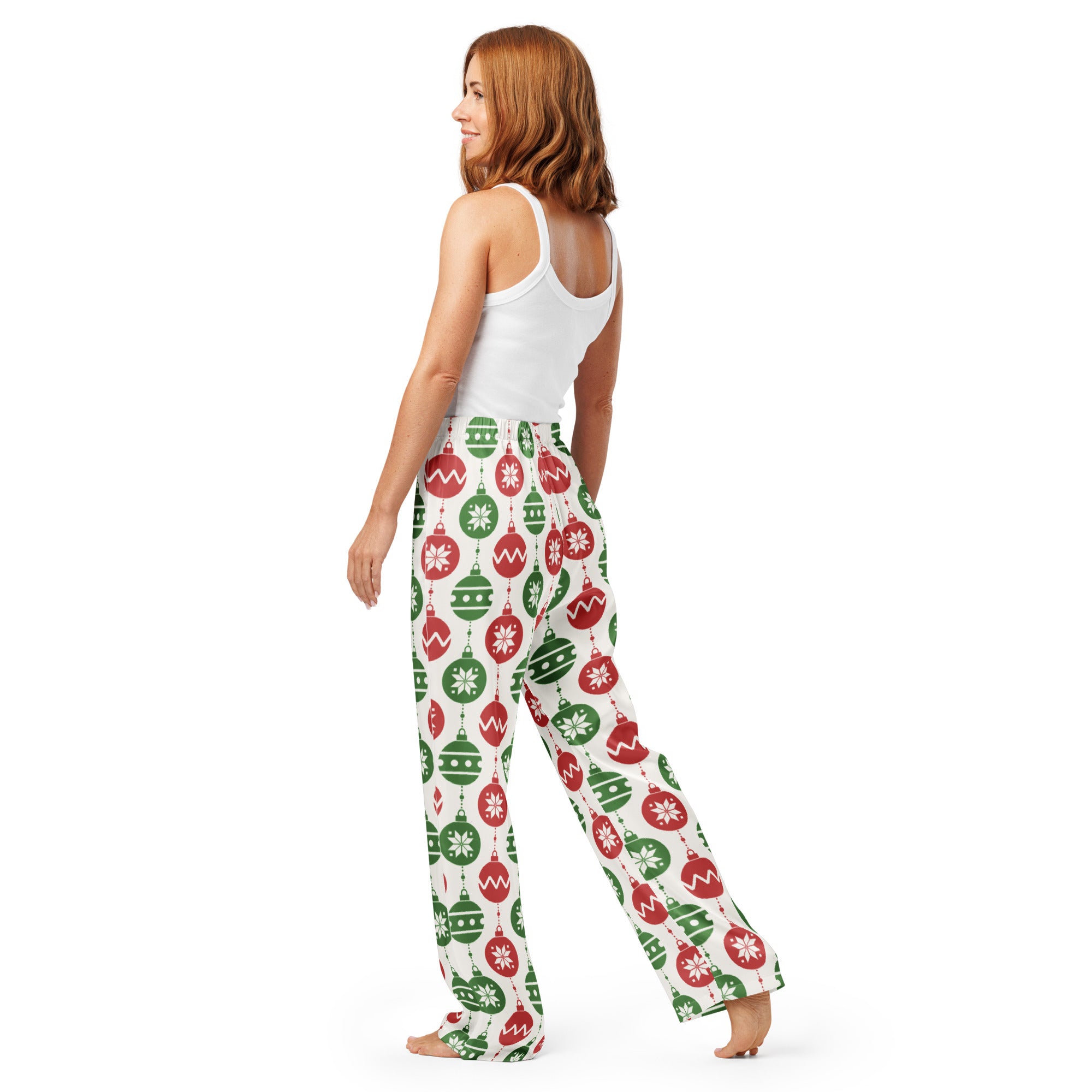Women’s lightweight Christmas ornament pajama pants with red and green festive pattern and drawstring waist