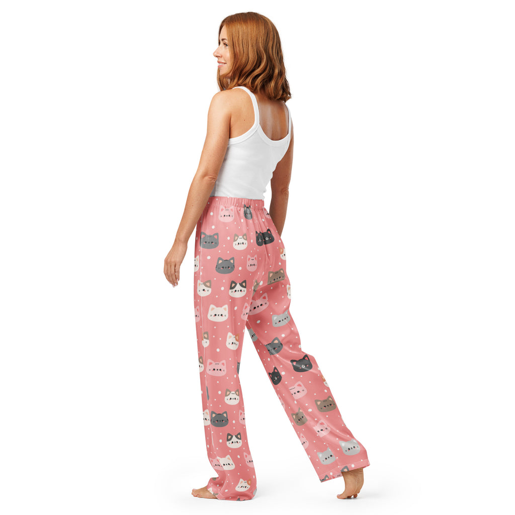 Women’s cute pink pajama pants with playful multicolor cartoon cat faces lightweight relaxed fit with drawstring waist