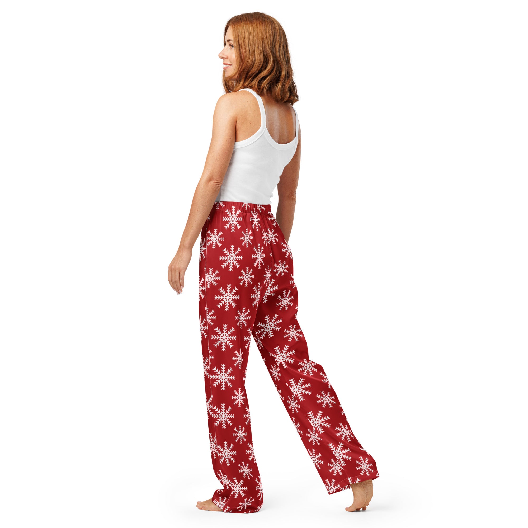Women’s red lightweight pajama pants with white snowflake pattern relaxed fit and drawstring waist for christmas wear