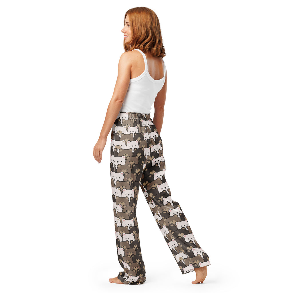 Women’s lightweight relaxed fit bear print pajama pants in fluffy white and gray soft flowing fabric with drawstring waist