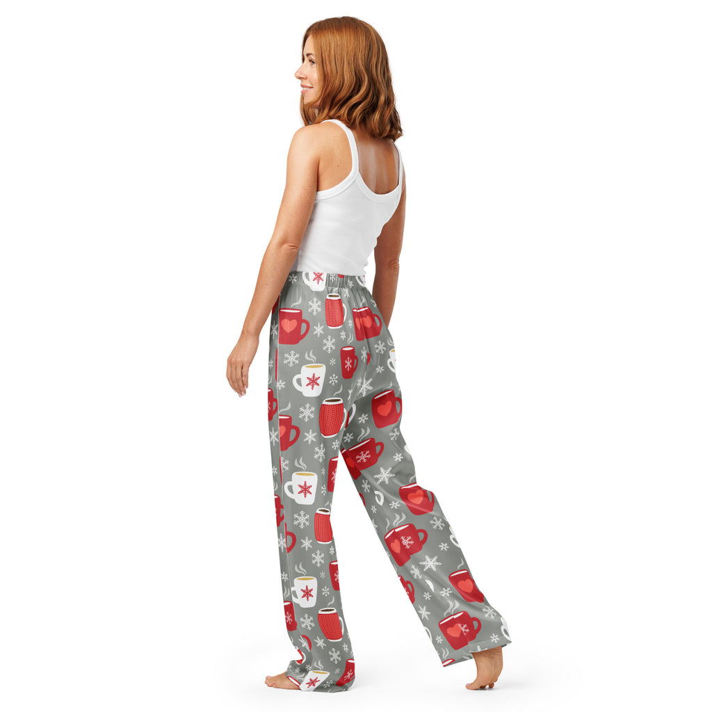 Women’s gray lightweight hot cocoa christmas pajama pants with red and white mug heart snowflake festive pattern