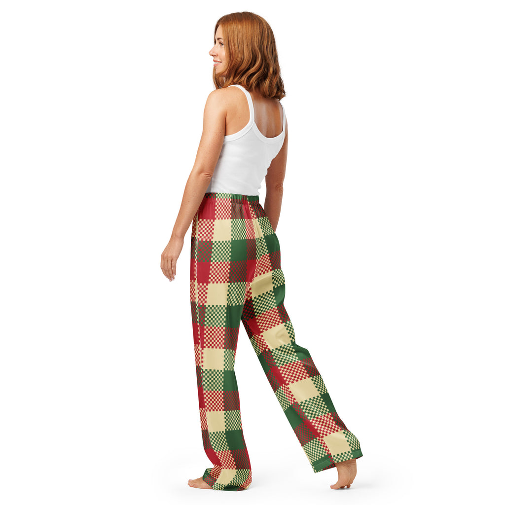 Women’s lightweight relaxed fit Christmas pajama pants in red green and cream plaid with a drawstring waist