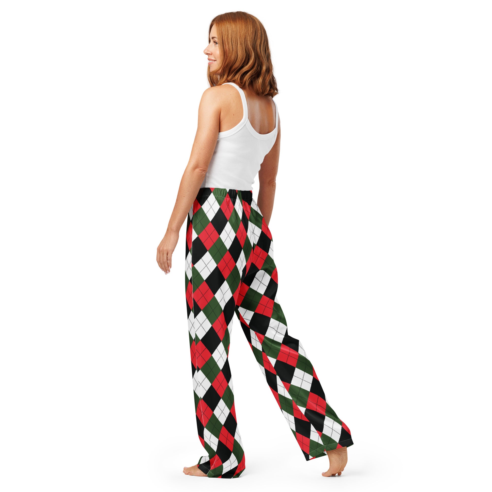 Women’s lightweight relaxed fit Christmas argyle pajama pants in red green black and white with drawstring waist