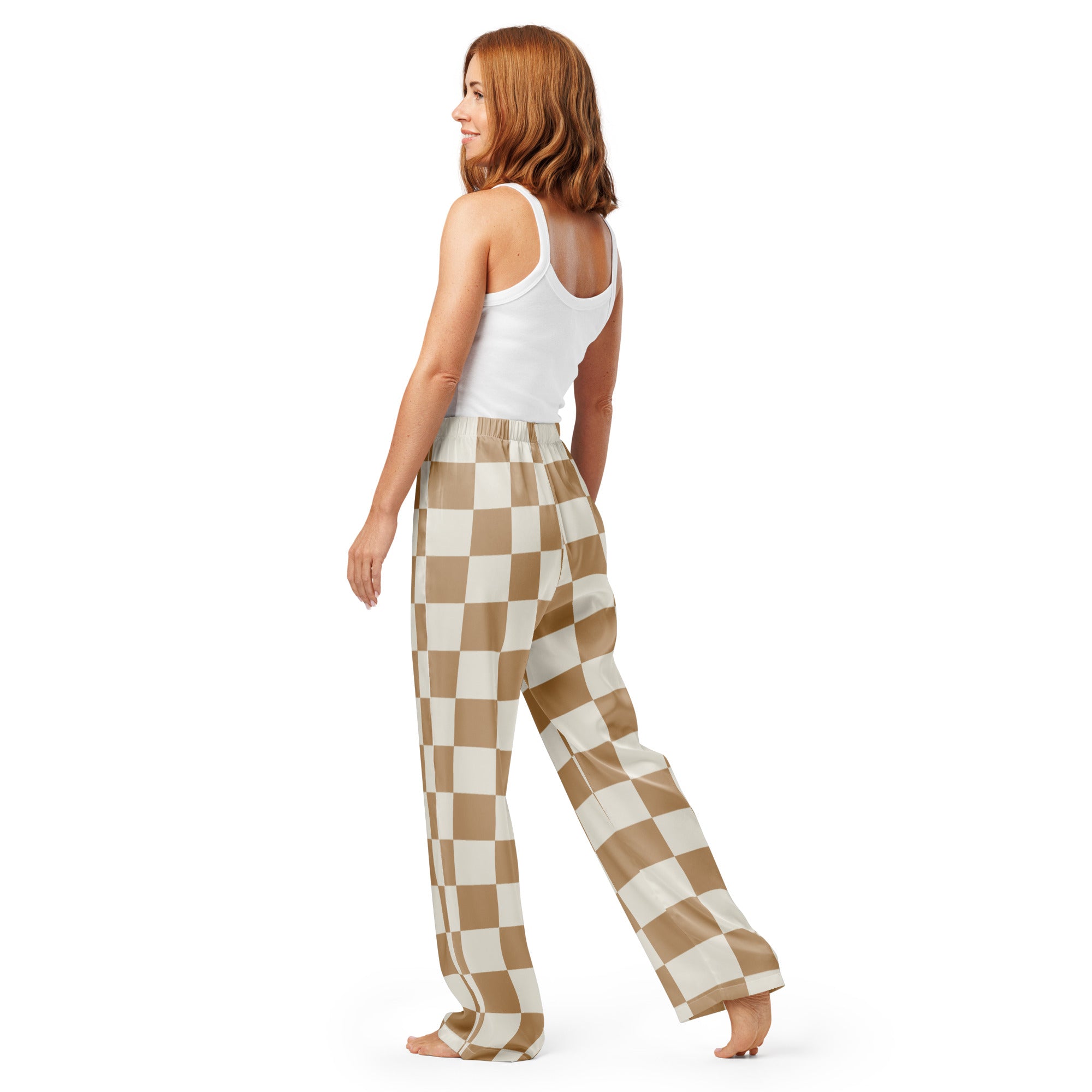 Women’s neutral beige cream and tan checkered wide-leg pajama pants with lightweight relaxed fit and drawstring waist