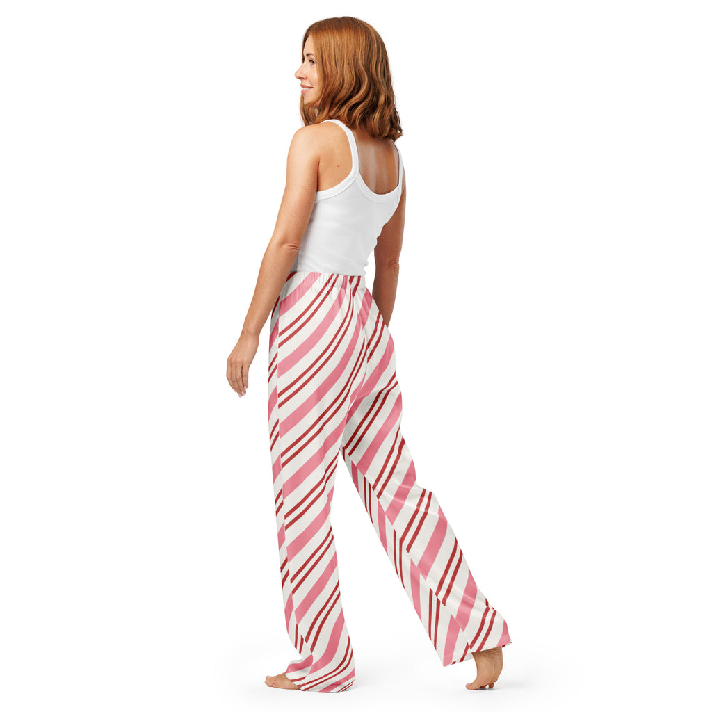 Women’s pink and white candy cane striped lightweight wide-leg pajama pants with drawstring waist for relaxed fit