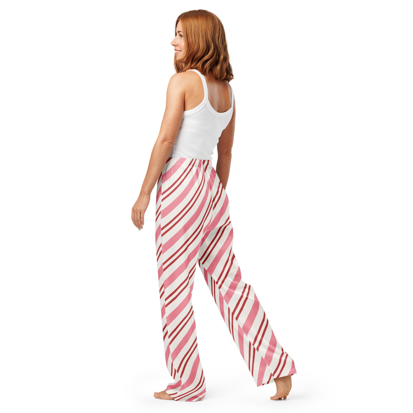 Women’s Pink Candy Cane Stripes Pajama Pants – Lightweight Relaxed Fit with Drawstring Waist