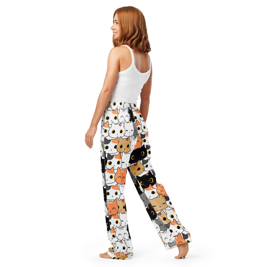 White women’s cat face pajama pants with colorful cartoon cats lightweight relaxed fit drawstring waist
