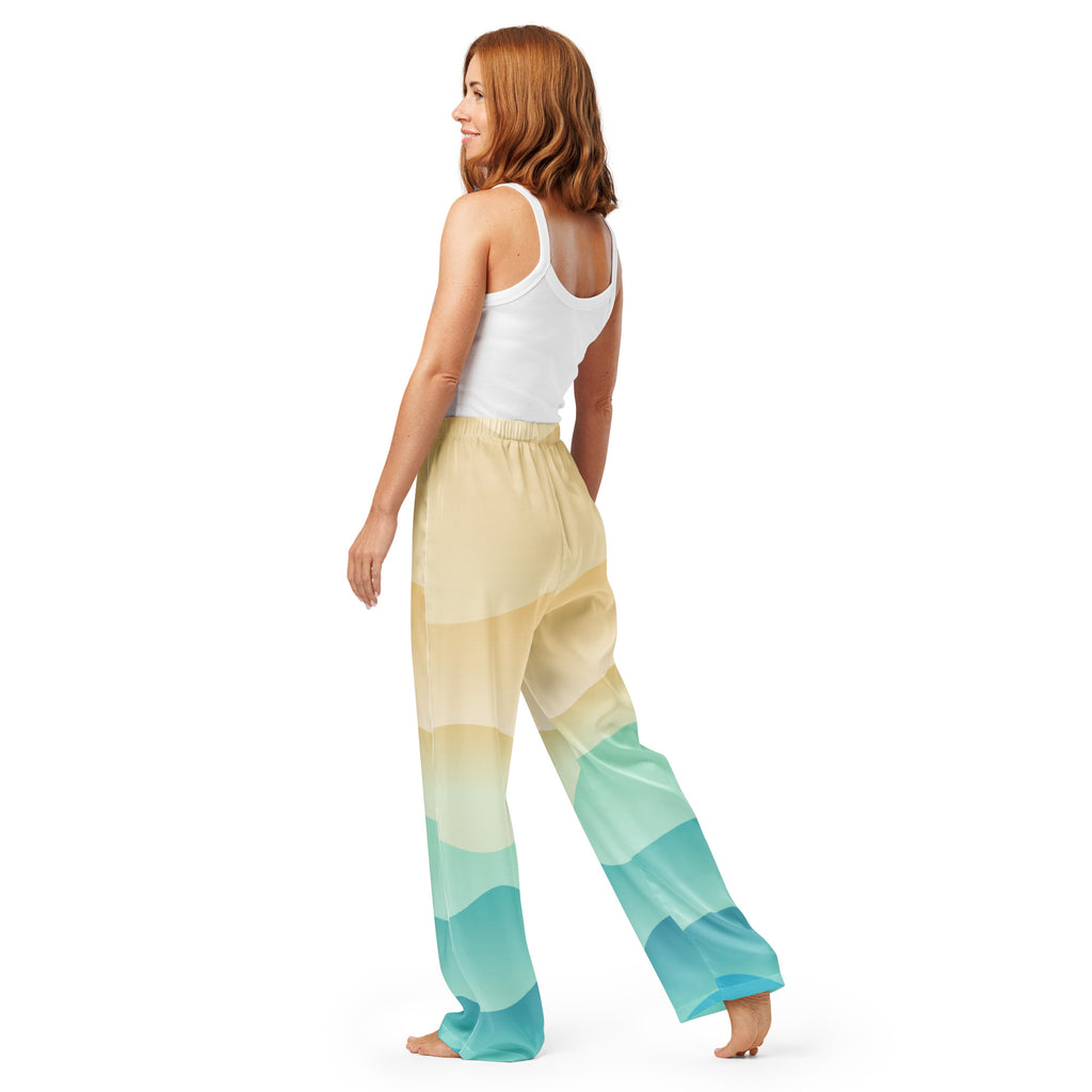 Women’s ocean sunset pajama wide-leg pants with beige to teal gradient soft fabric and elastic waistband for relaxed fit