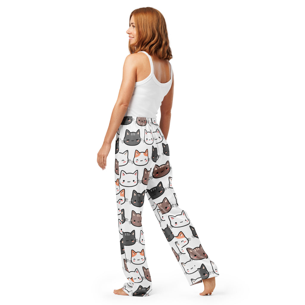 Women’s white lightweight pajama pants with playful multicolored cartoon cat print and drawstring waist