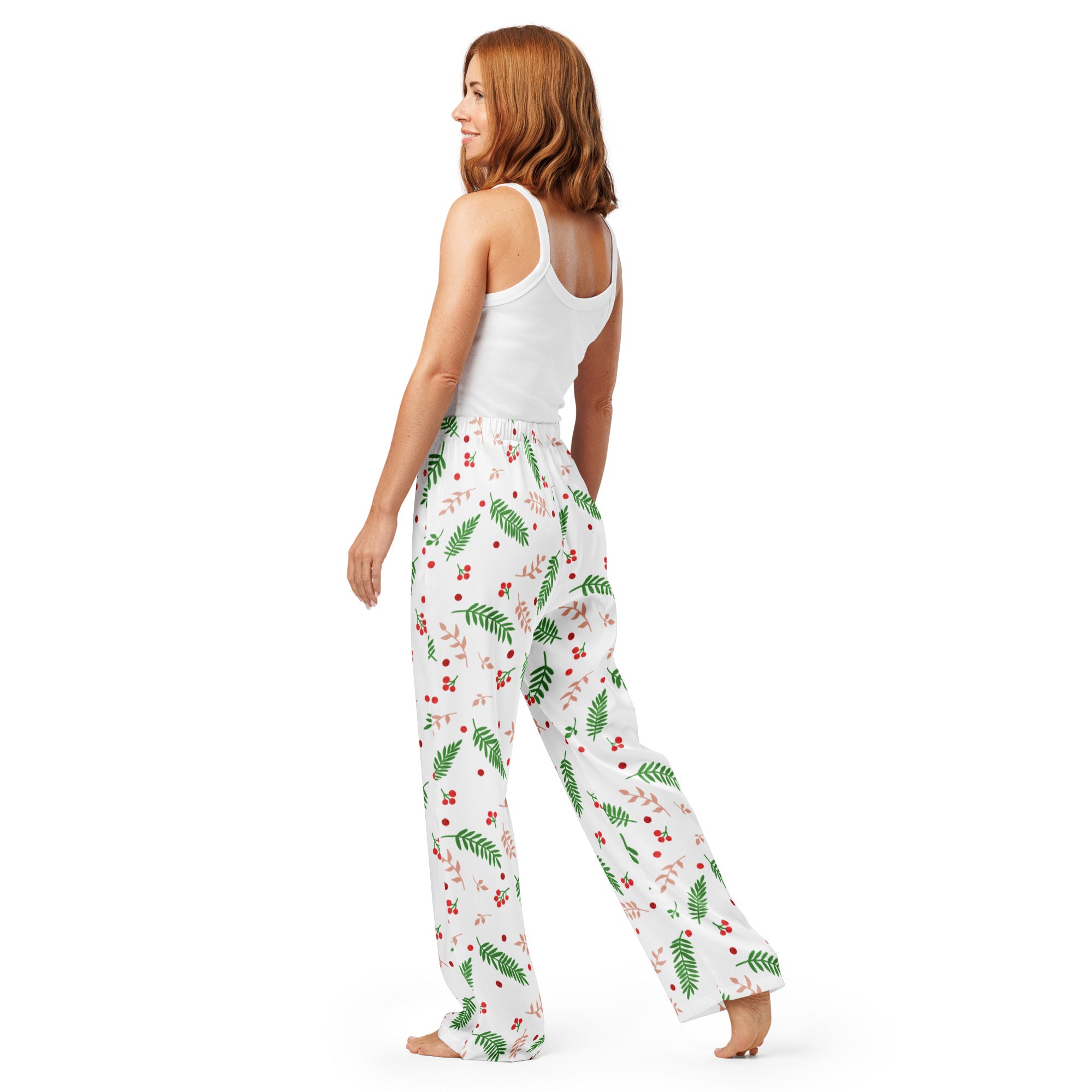 Women’s lightweight white pajama pants with green fern leaves and red berries in a relaxed fit with drawstring waist