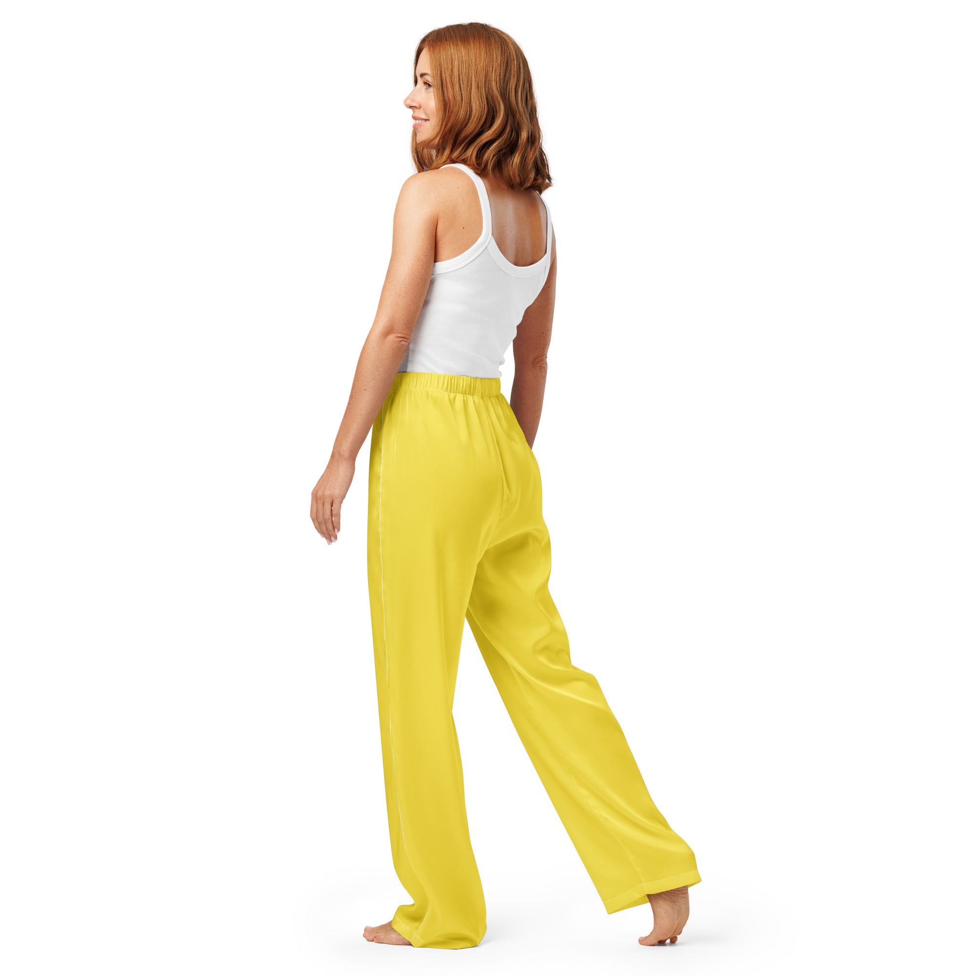 Women’s yellow pajama pants with wide-leg soft flowing fabric elastic waistband and lightweight relaxed fit with drawstring waist