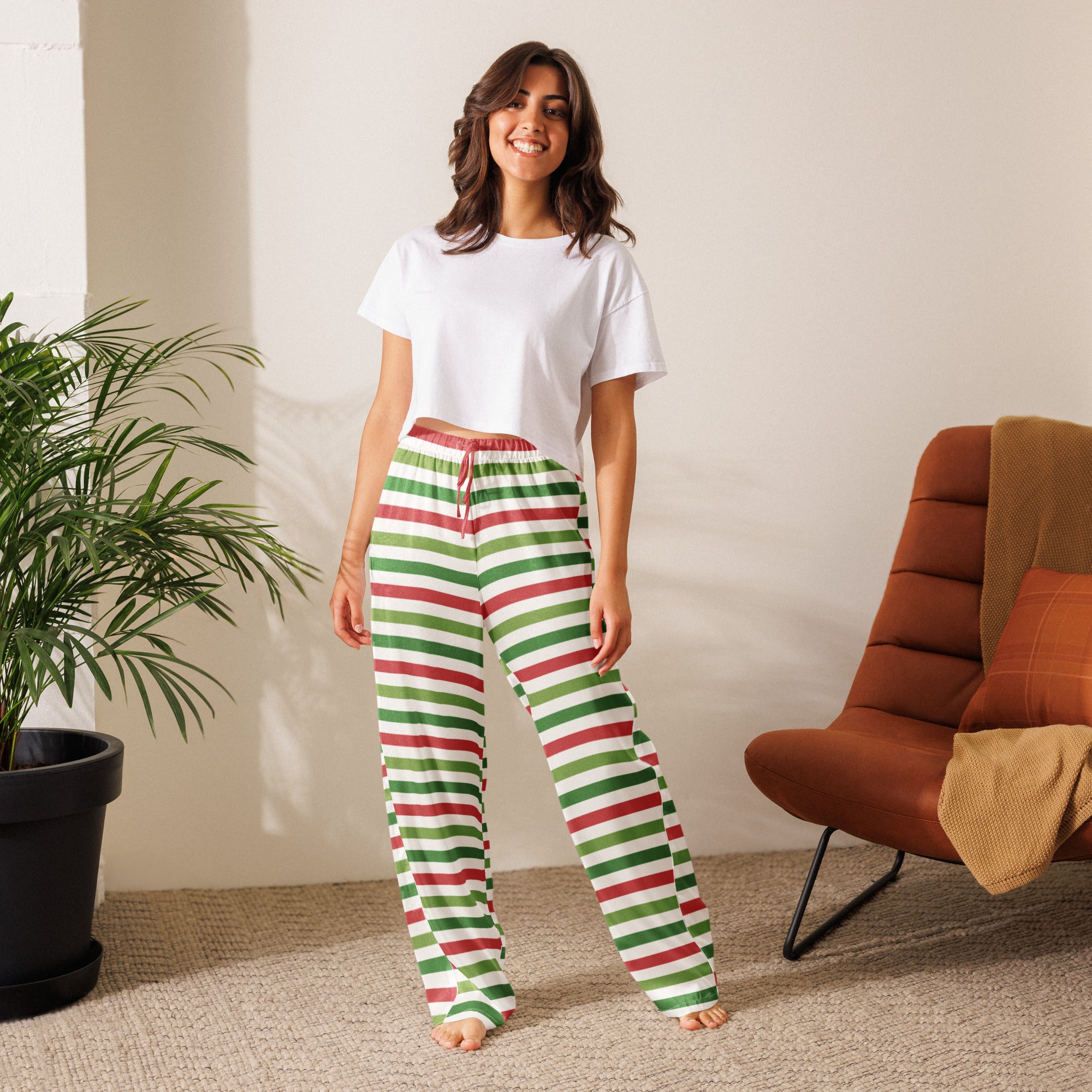 Women’s lightweight christmas stripe pajama pants with red and green stripes and white elastic waistband