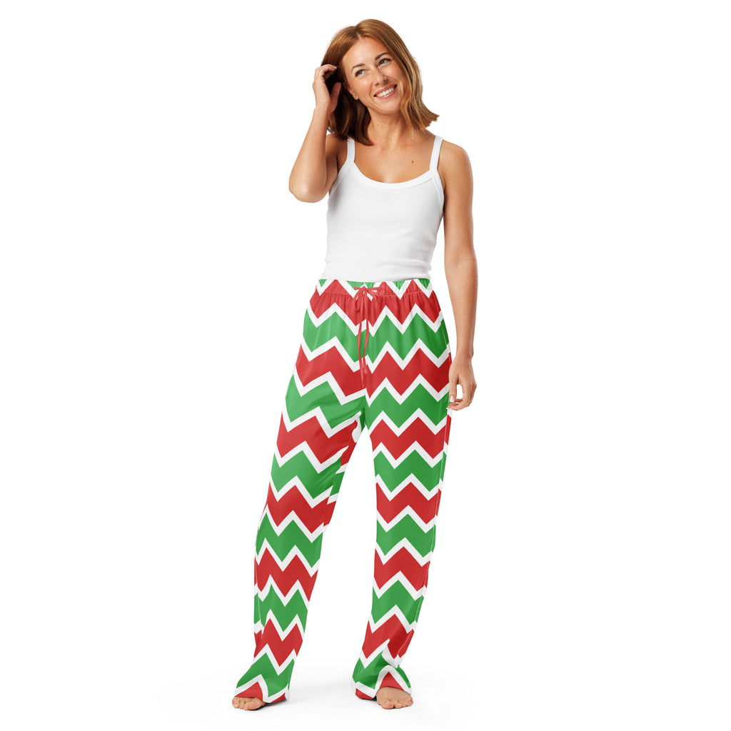 Women’s lightweight relaxed fit Christmas chevron pajama pants in red and green with a white drawstring waistband