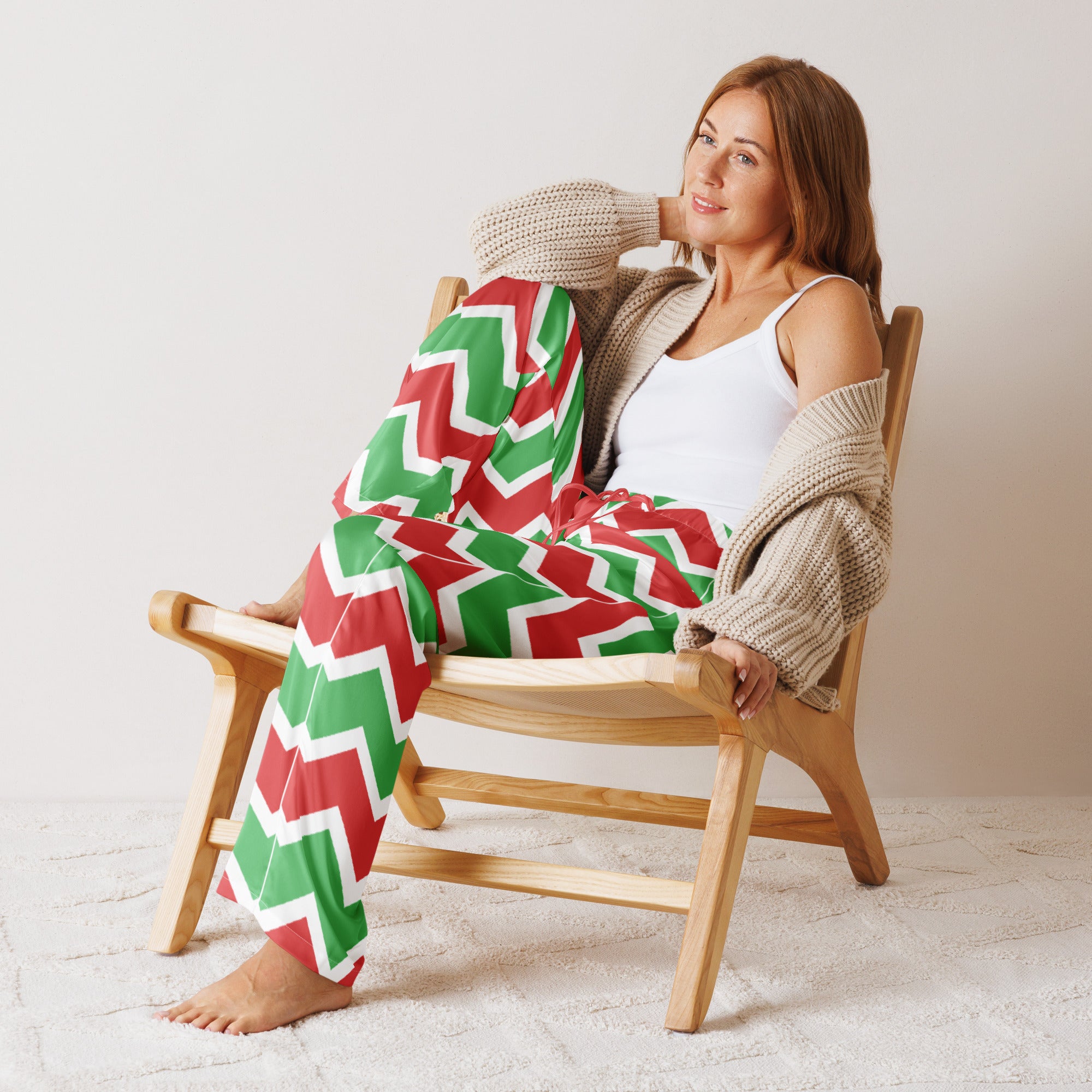 Women’s lightweight relaxed fit Christmas chevron pajama pants with red and green zigzag pattern and white trim