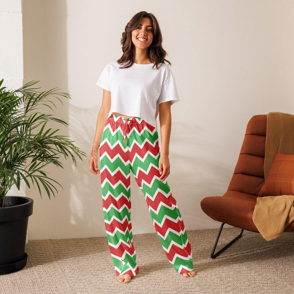 Women’s Christmas chevron pajama pants in red and green with a lightweight relaxed fit and white elastic waistband