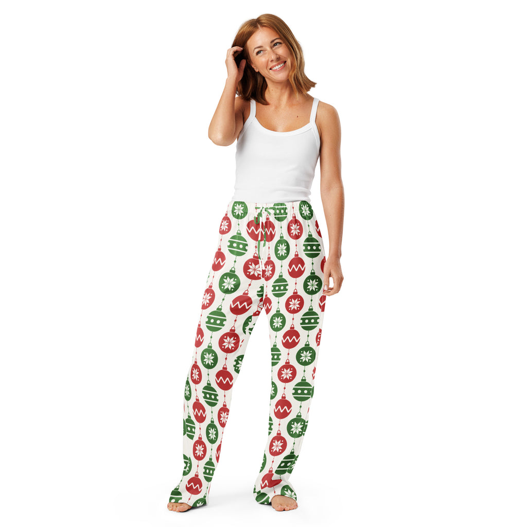 Women’s white lightweight pajama pants with a relaxed fit and festive red green Christmas ornaments on off-white