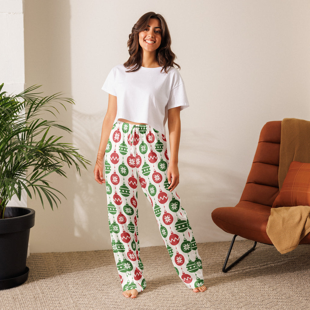 Women’s white pajama pants with festive red and green christmas ornaments and snowflakes lightweight relaxed fit