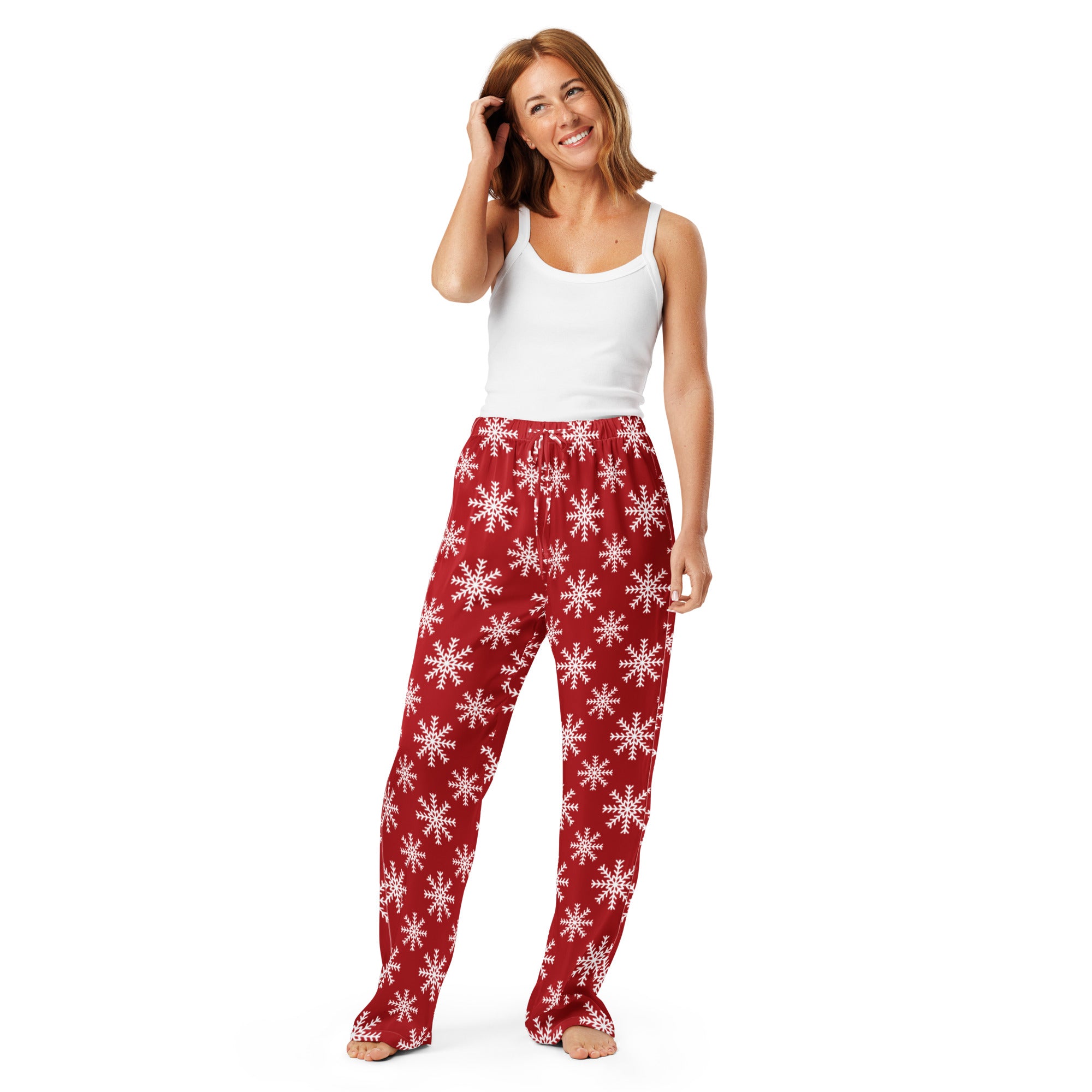 Women’s red Christmas snowflakes pajama pants with white snowflake pattern lightweight relaxed fit and drawstring waist