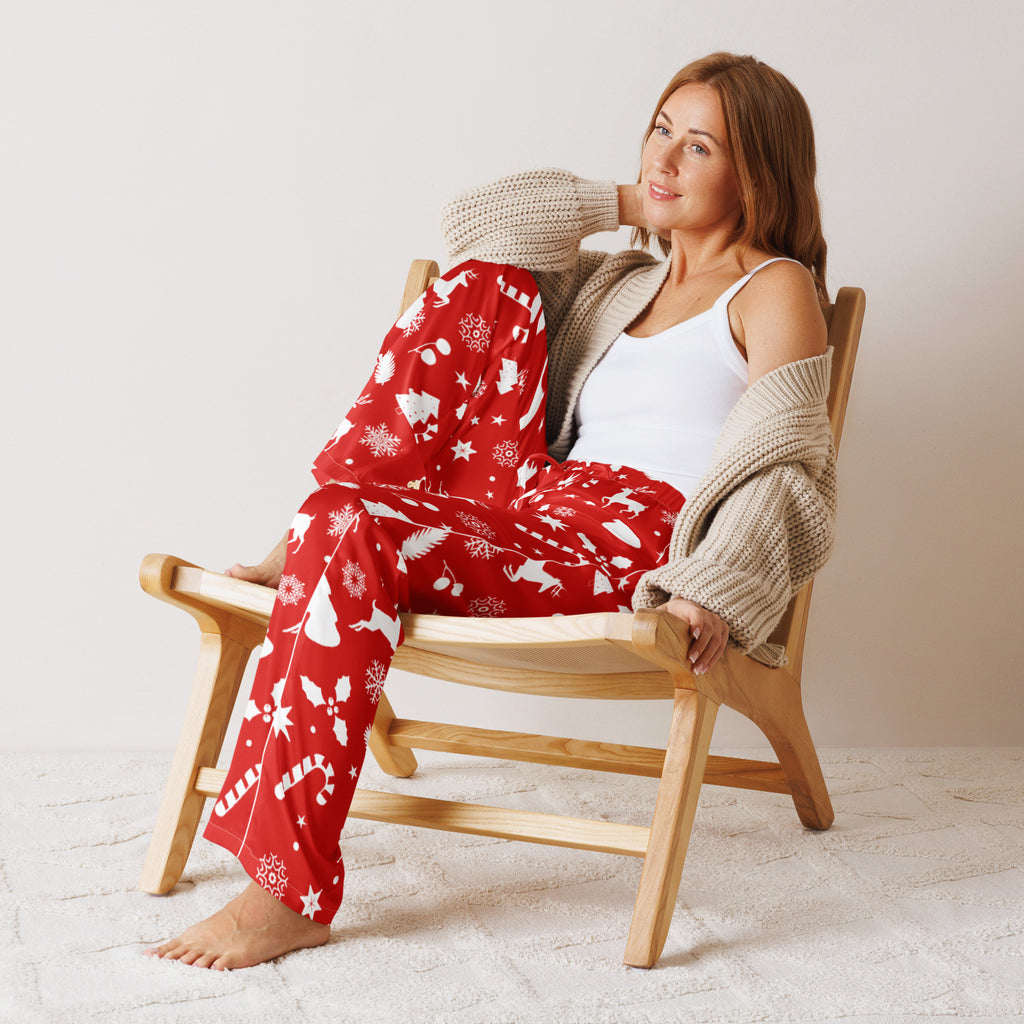 Women’s red christmas pajama pants with white snowflakes reindeer candy canes stars on soft lightweight fabric