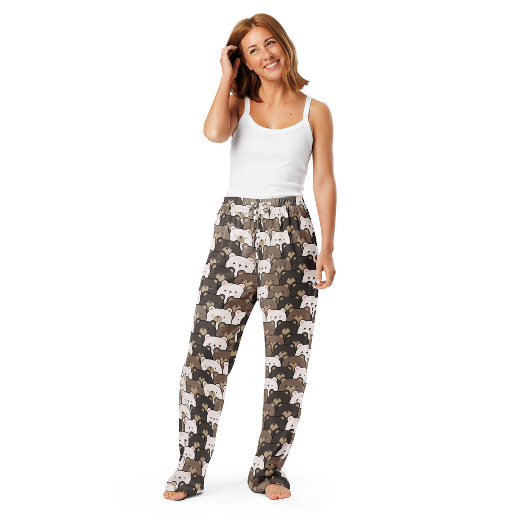 Comfortable women’s bear print pajama pants with playful white and gray bears on dark brown lightweight fabric with drawstring waist
