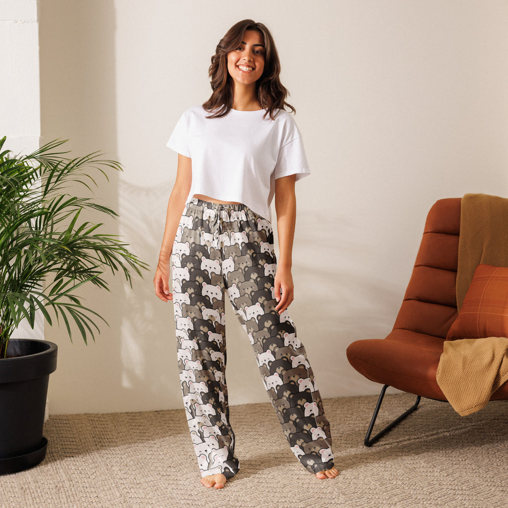 Women’s white and gray bear print pajama pants with lightweight soft fabric and relaxed fit with drawstring waist