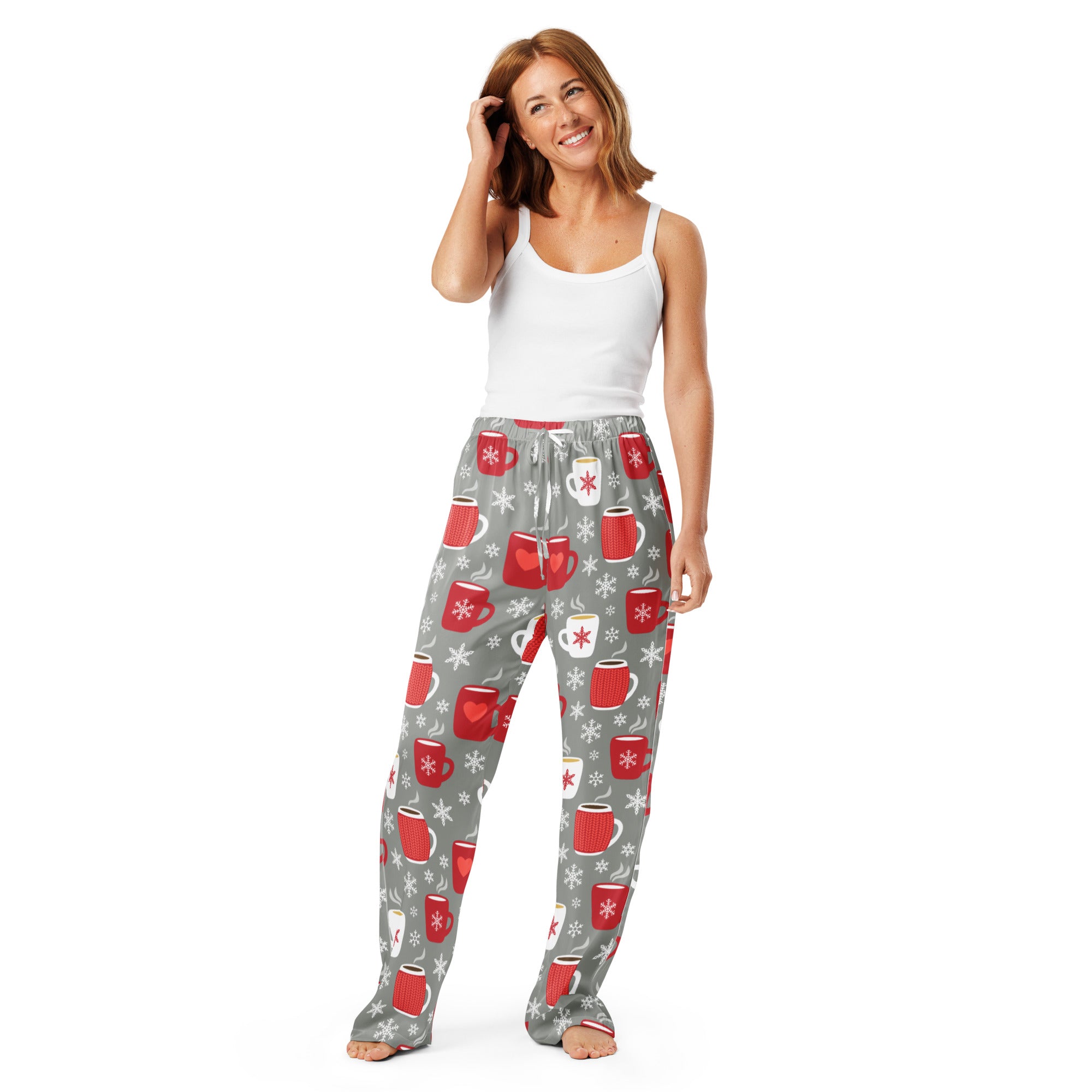 Women’s lightweight gray pajama pants with drawstring waist featuring red and white coffee mugs and snowflakes pattern