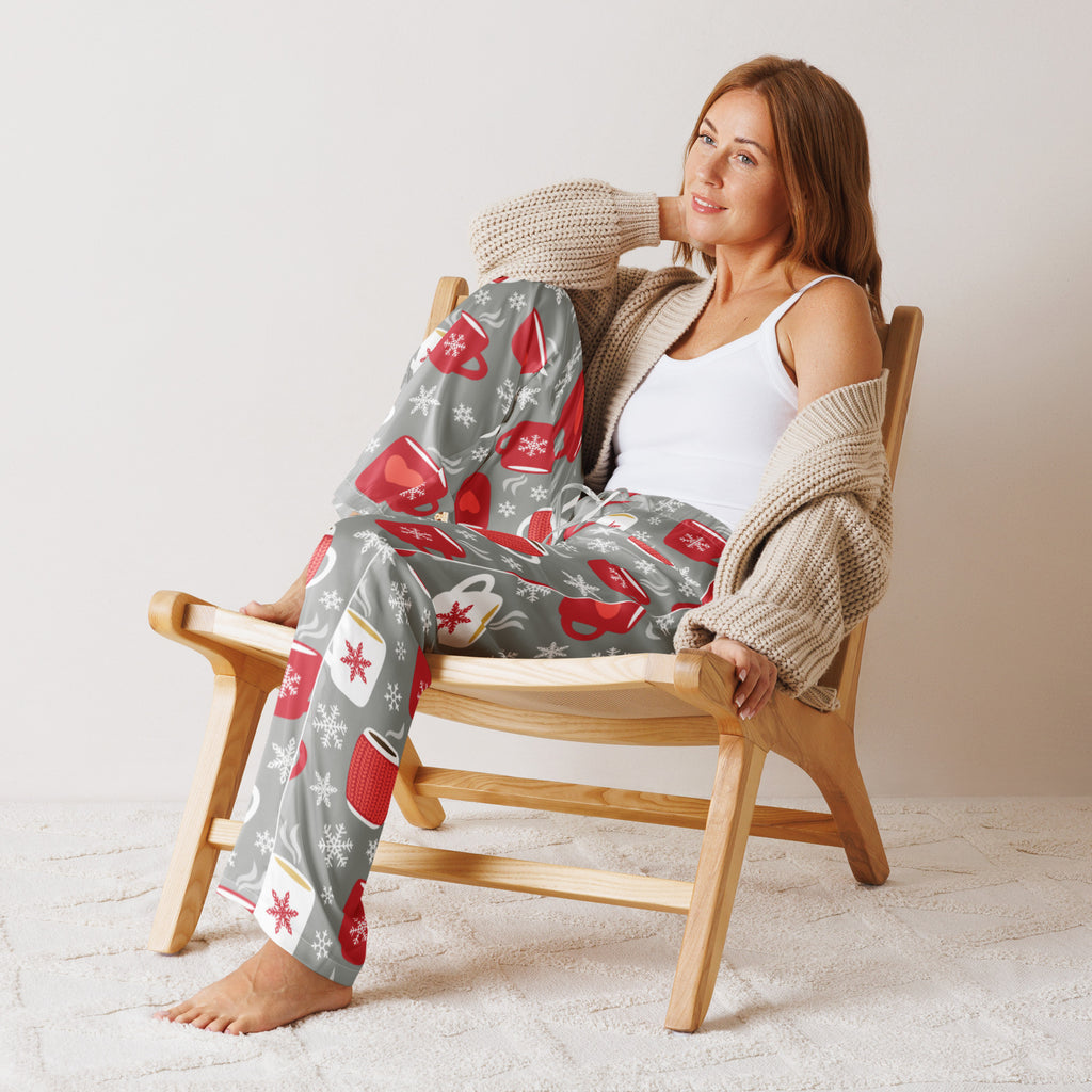 Women’s gray lightweight hot cocoa christmas pajama pants with red white coffee mug and snowflake patterns
