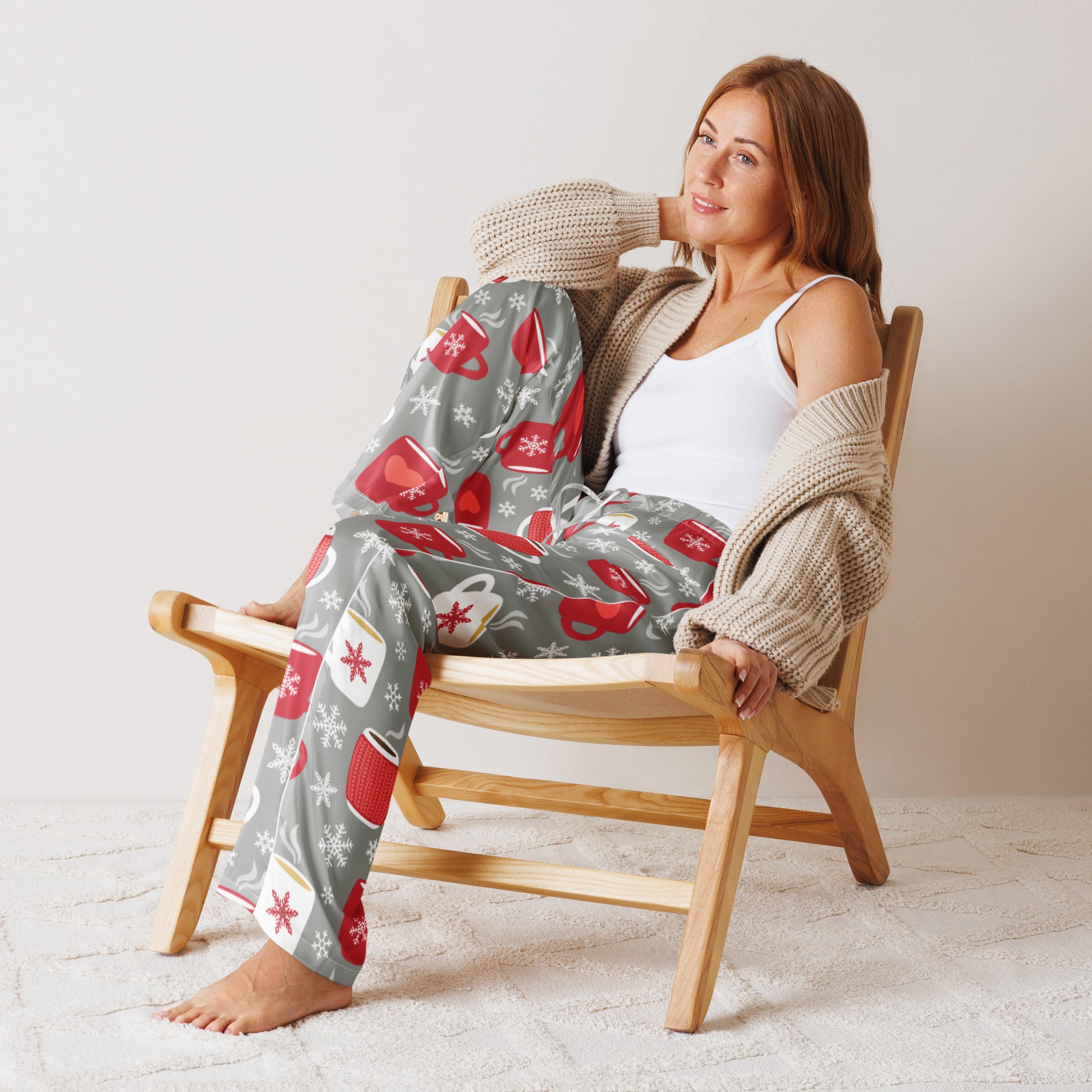 Women’s gray lightweight hot cocoa christmas pajama pants with red white coffee mug and snowflake patterns