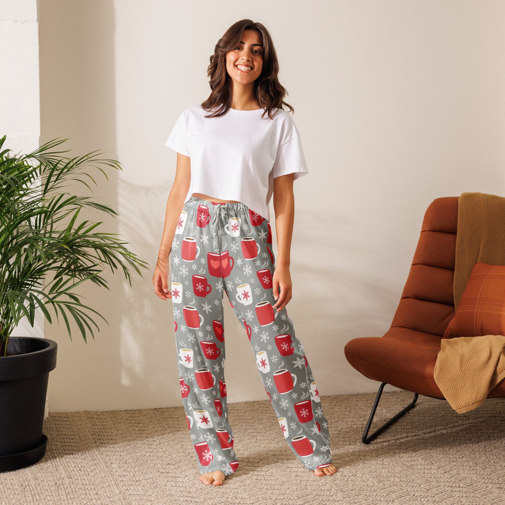 Women’s lightweight gray pajama pants with red mugs and white snowflakes festive pattern and drawstring waist