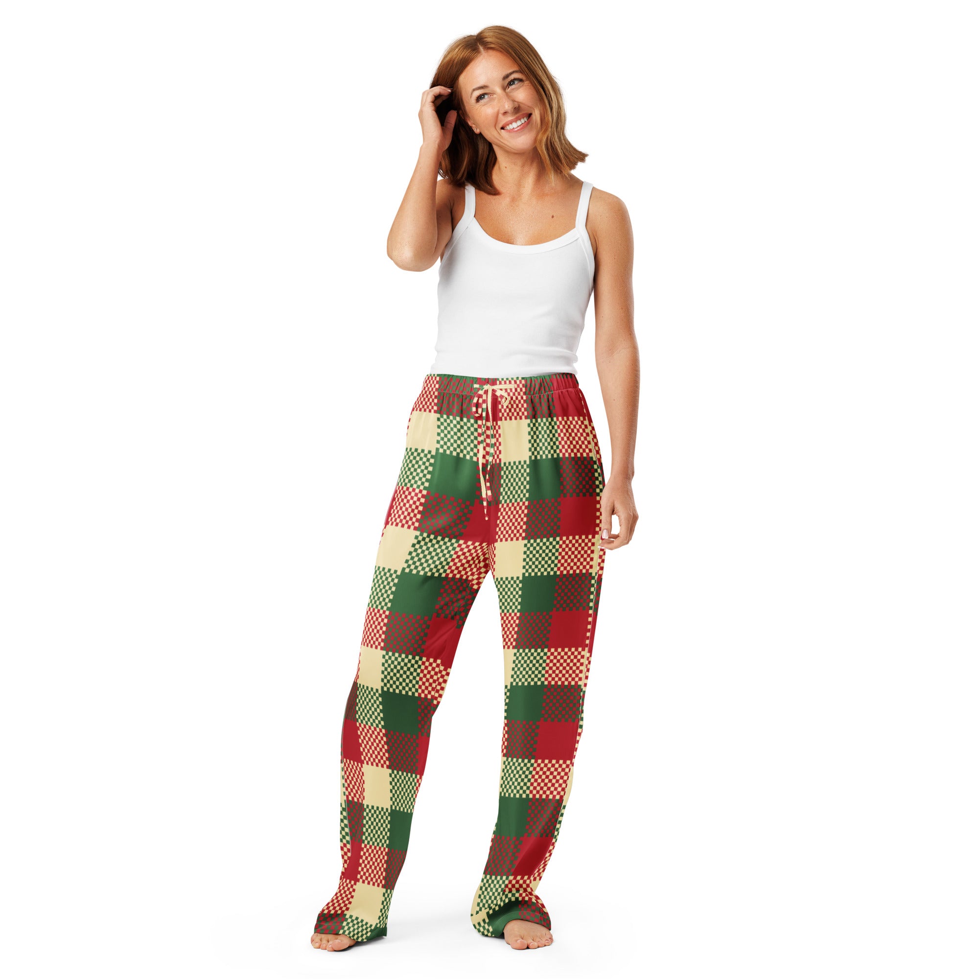 Women’s christmas plaid pajama pants in lightweight fabric with a red green and beige checkered pattern and drawstring waist