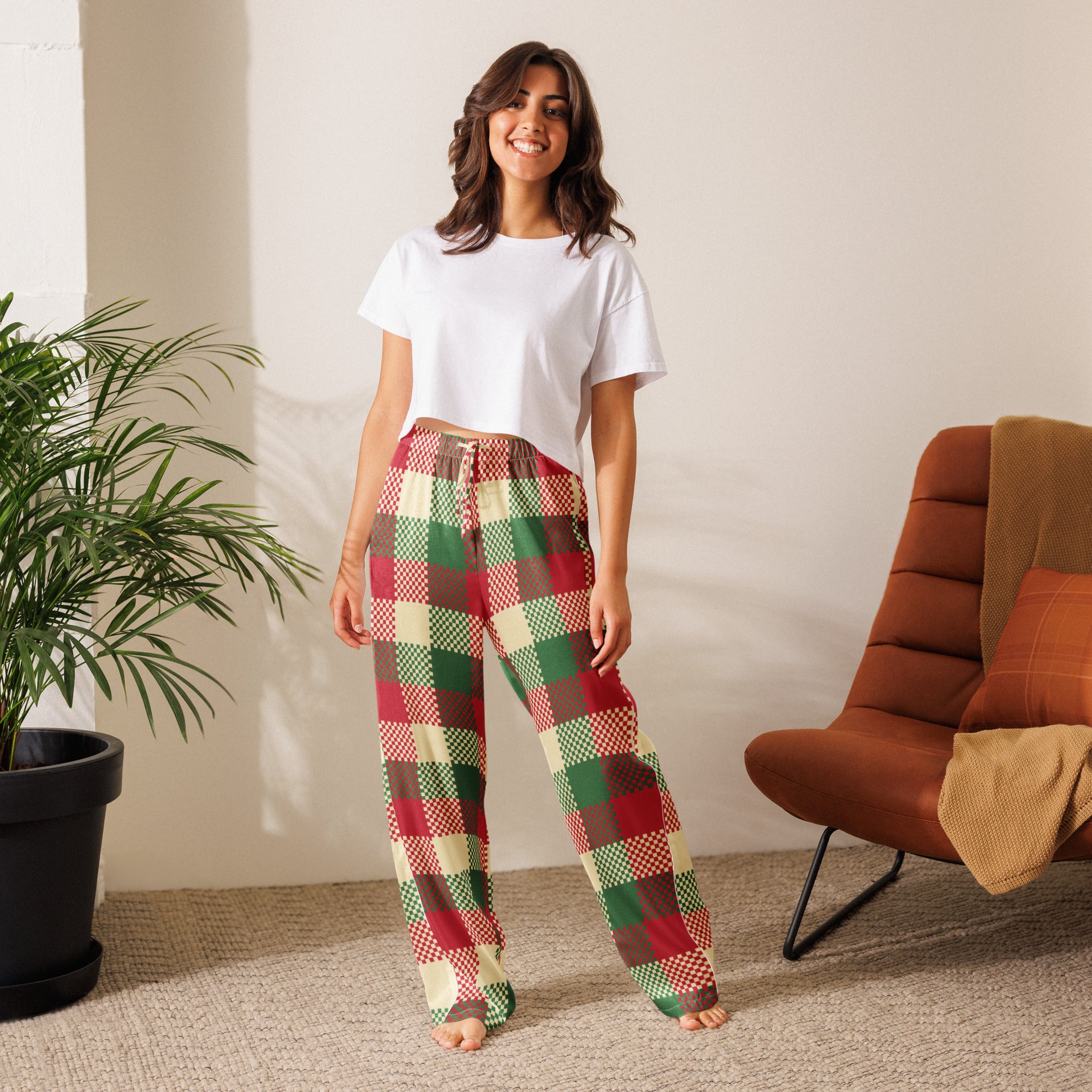 Women’s christmas plaid pajama pants in red green and cream with lightweight relaxed fit and drawstring waist