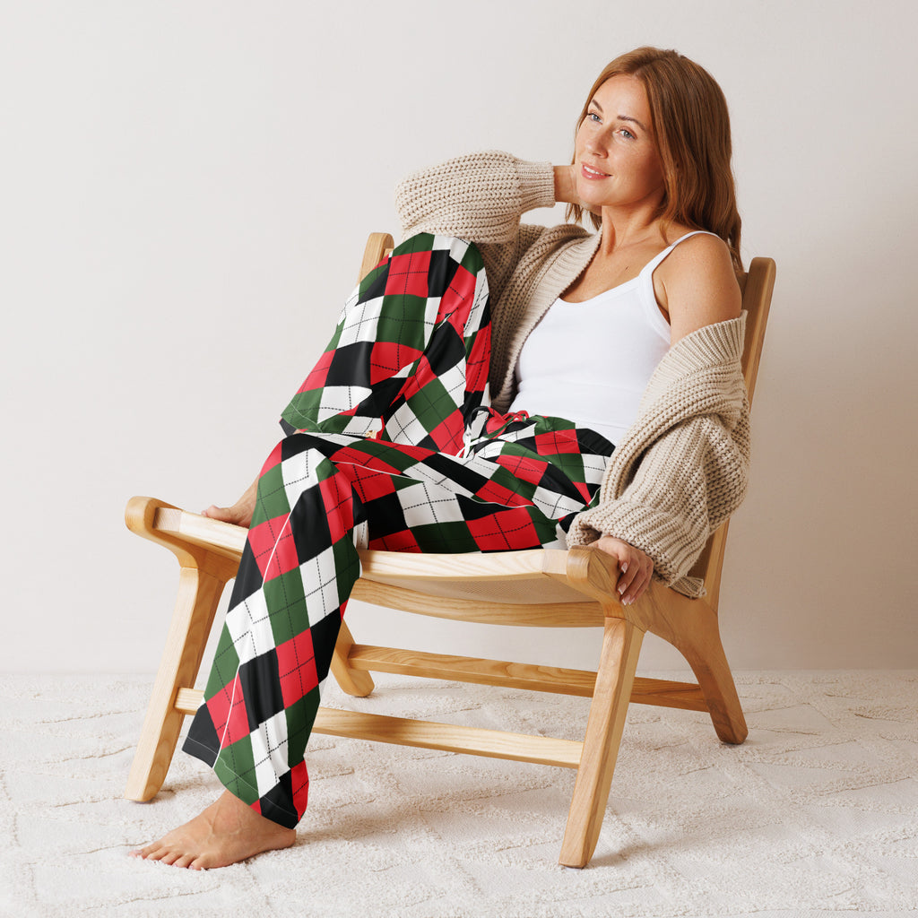Women’s christmas argyle pajama pants in red green black and white with lightweight relaxed fit and drawstring waist