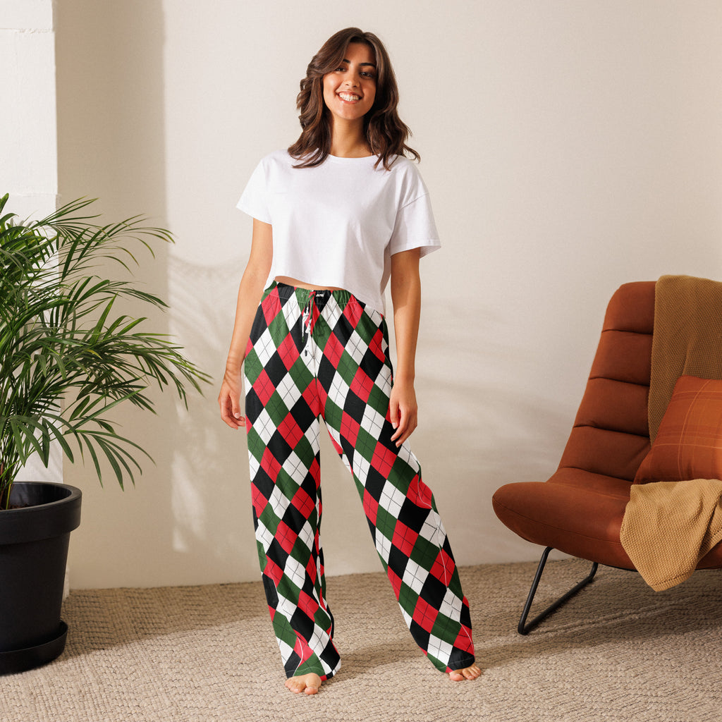 Women’s lightweight relaxed fit christmas argyle pajama pants with red green black pattern and white waistband