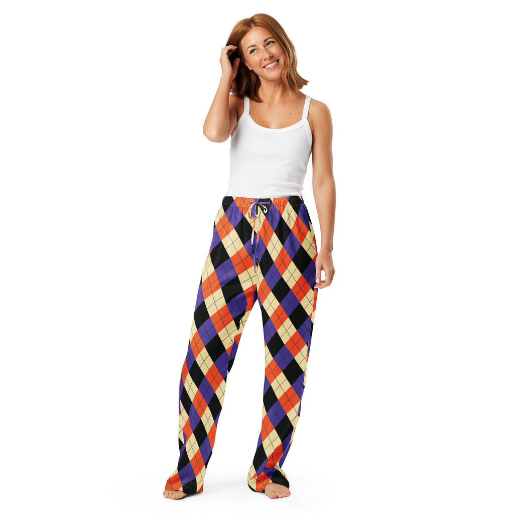 Women’s Halloween argyle pajama pants in orange purple black and cream featuring a lightweight relaxed fit and drawstring waist