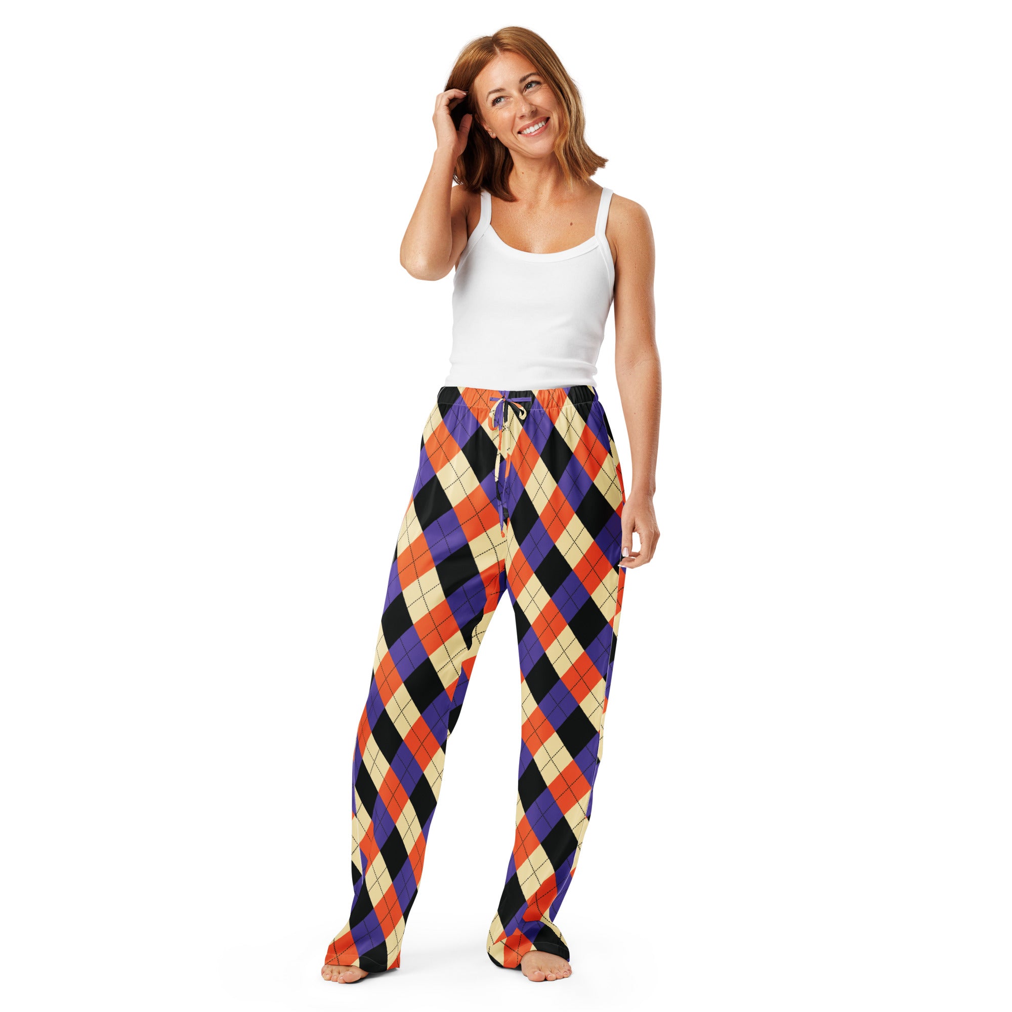 Women’s Halloween argyle pajama pants in orange purple black and cream featuring a lightweight relaxed fit and drawstring waist