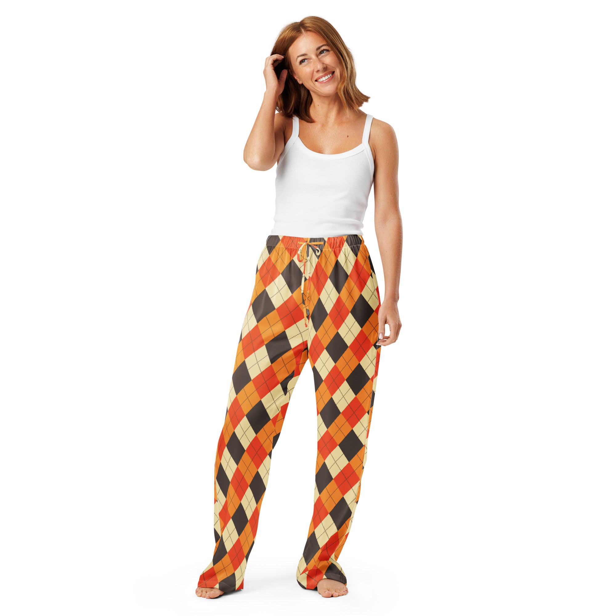Women’s fall argyle pajama pants in vibrant orange black and cream with lightweight relaxed fit and elastic drawstring waist