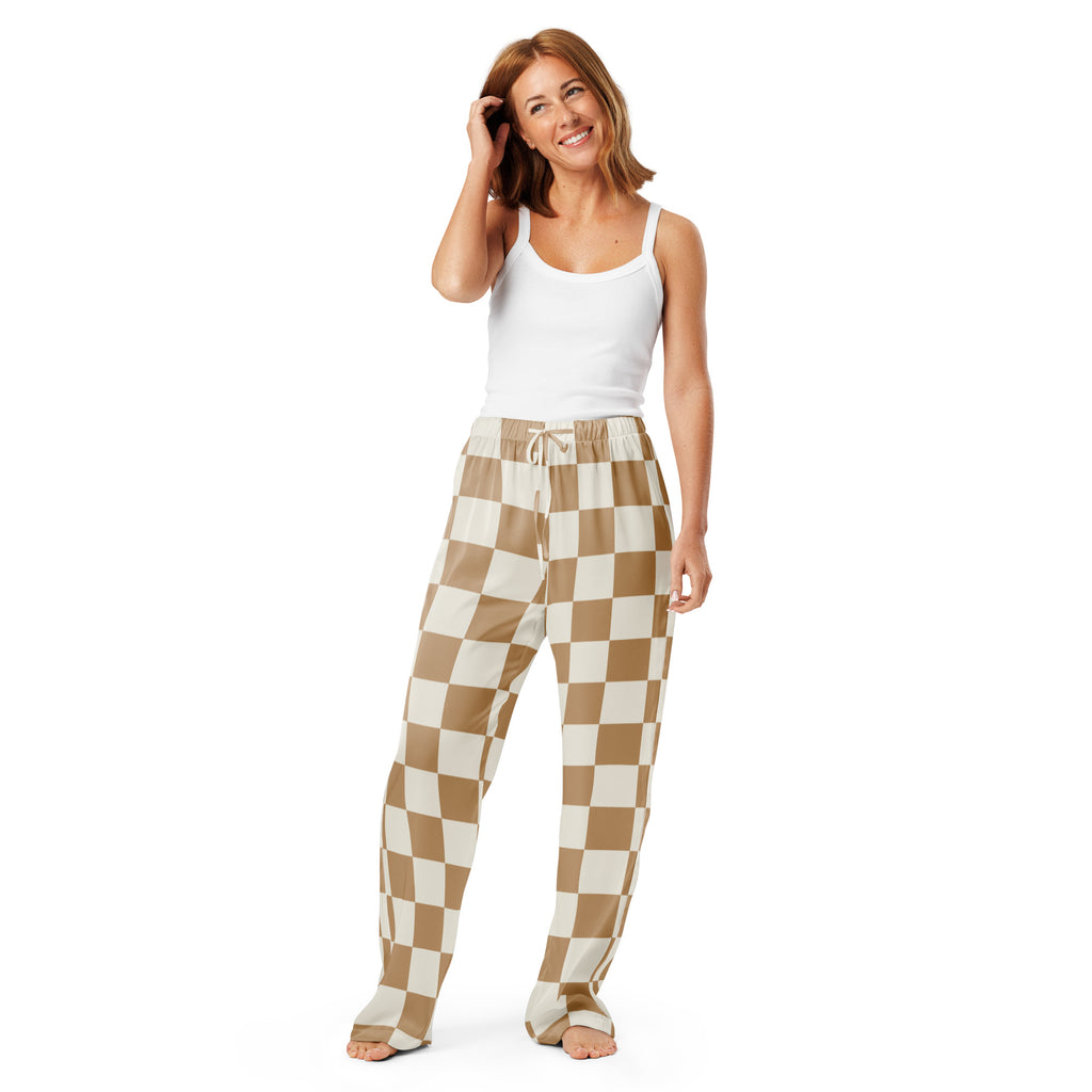 Women’s neutral beige and white checkered lightweight pajama pants with elastic waistband and relaxed fit