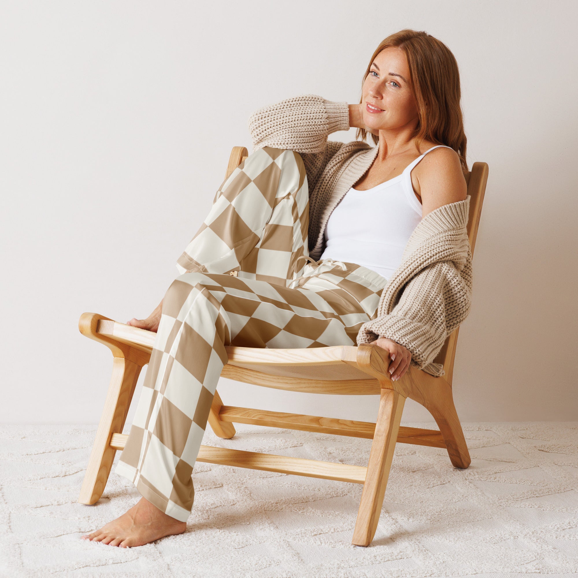 Women’s neutral beige checkerboard pajama pants in lightweight fabric with a relaxed fit and drawstring waist