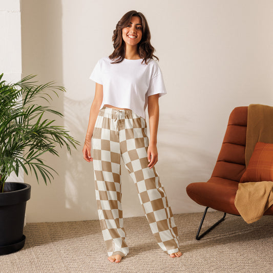Women’s Neutral Beige Checkerboard Pajama Pants – Lightweight Relaxed Fit with Drawstring Waist