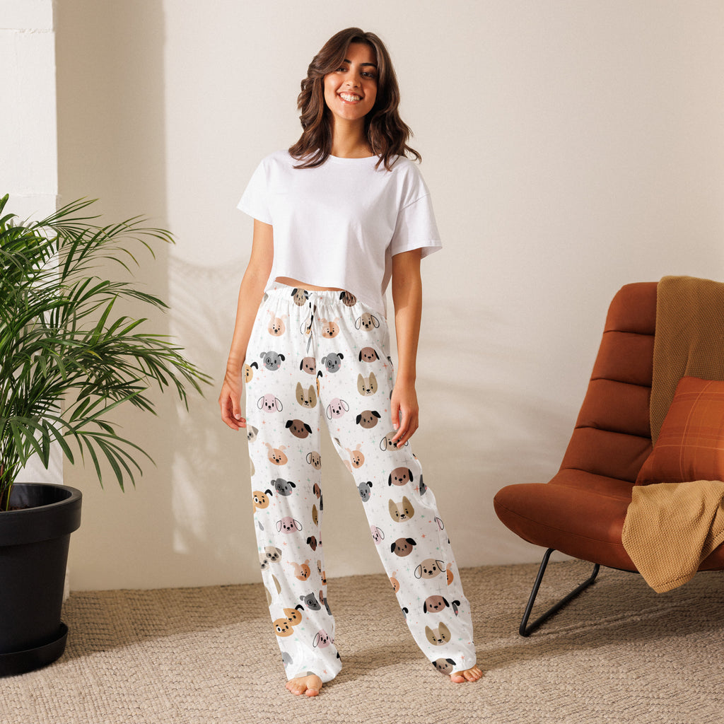 Women’s white lightweight dog face pajama pants with colorful cartoon dog pattern and drawstring waist for relaxed fit